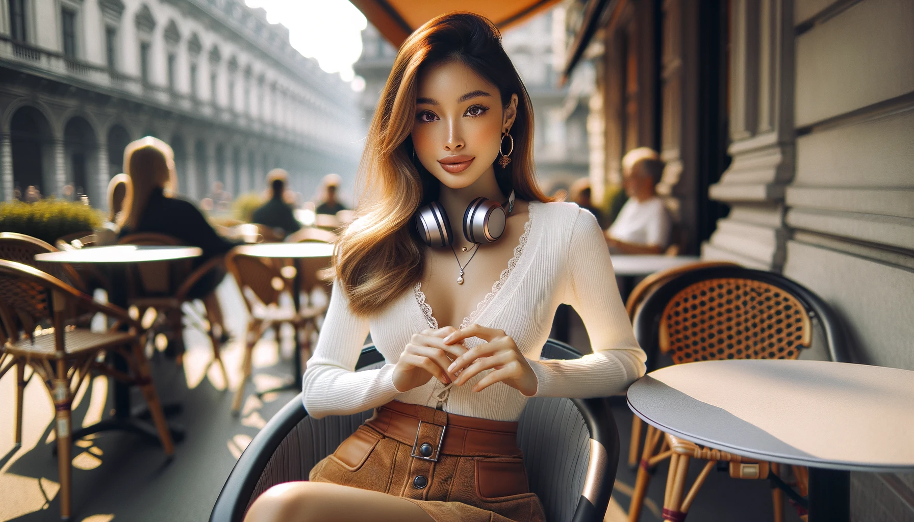 DALL·E 2023-12-14 00.58.50 - Angelina Michelle, a 23-year-old woman with a cute, delicate face, sitting in an outdoor cafe. She's seated at a table, her hands resting on her thigh.png